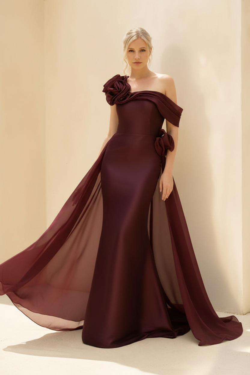 Sheath/Column Off-the-Shoulder Long Sleeves Floor-Length Mother of the Bride & Groom Dresses with Flower & Overskirt