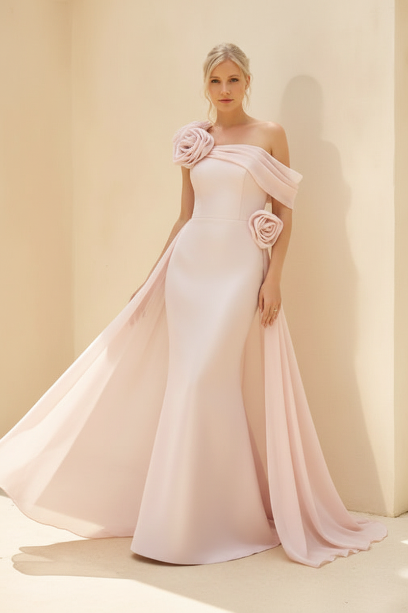 Sheath/Column Off-the-Shoulder Long Sleeves Floor-Length Mother of the Bride & Groom Dresses with Flower & Overskirt