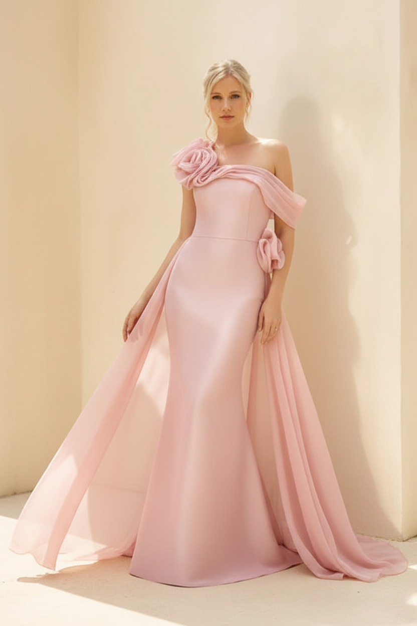 Sheath/Column Off-the-Shoulder Long Sleeves Floor-Length Mother of the Bride & Groom Dresses with Flower & Overskirt