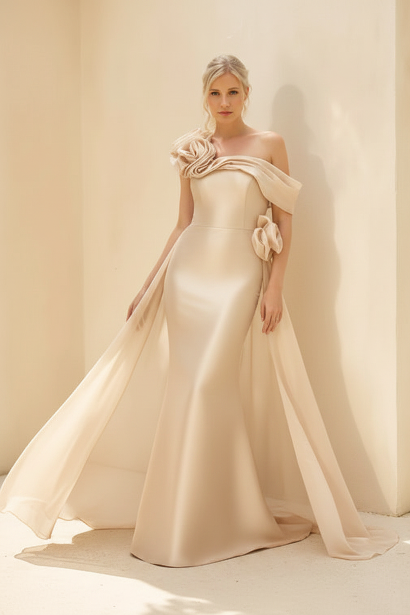 Sheath/Column Off-the-Shoulder Long Sleeves Floor-Length Mother of the Bride & Groom Dresses with Flower & Overskirt