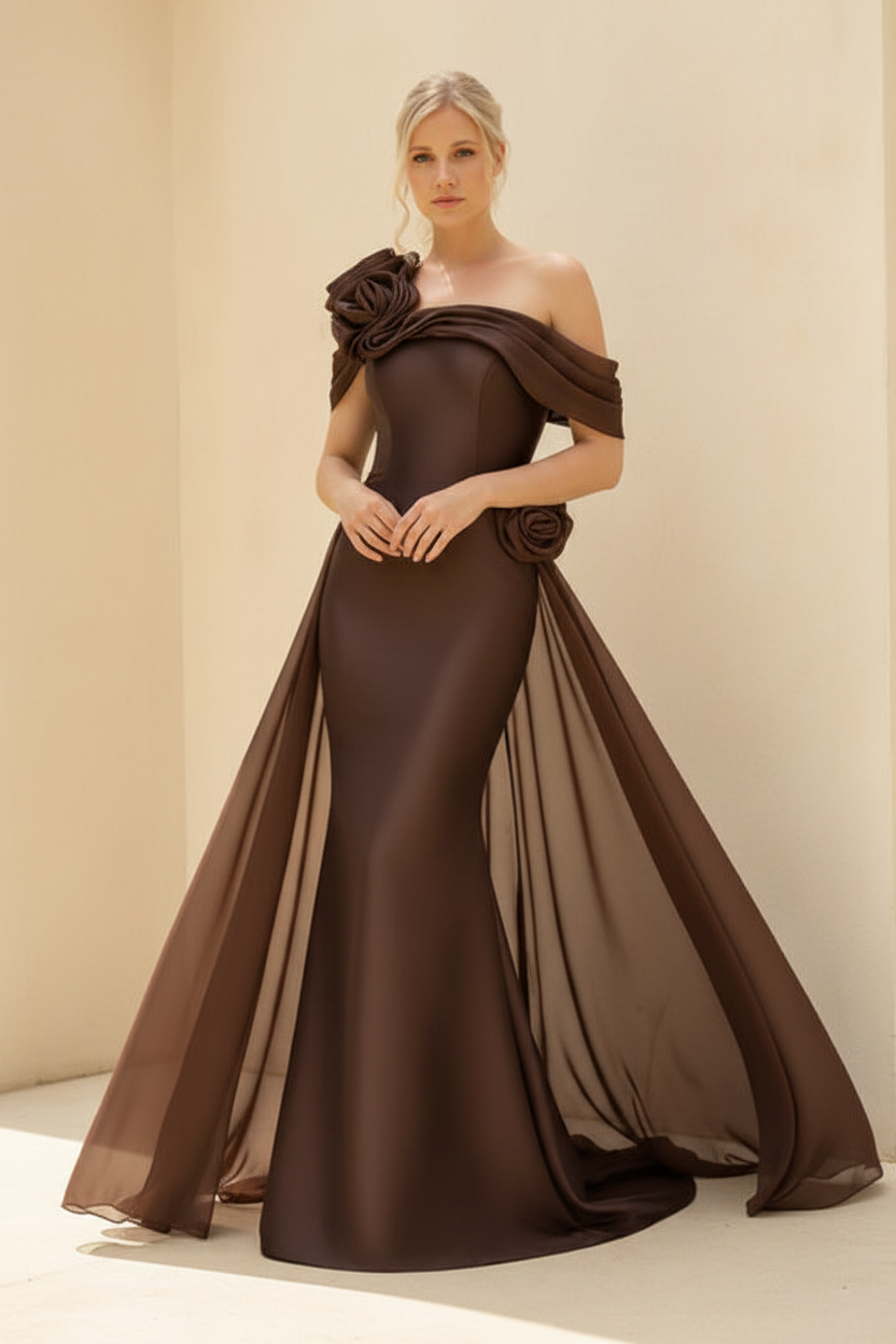 Sheath/Column Off-the-Shoulder Long Sleeves Floor-Length Mother of the Bride & Groom Dresses with Flower & Overskirt