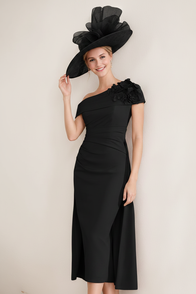 Sheath/Column Off-the-Shoulder Pleated Tea-Length Mother of the Bride Dresses with 3D Flower