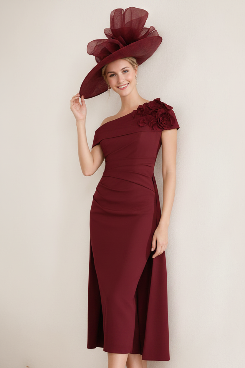Sheath/Column Off-the-Shoulder Pleated Tea-Length Mother of the Bride Dresses with 3D Flower