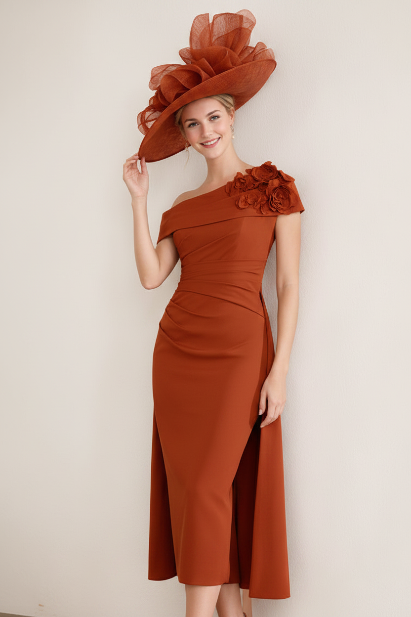 Sheath/Column Off-the-Shoulder Pleated Tea-Length Mother of the Bride Dresses with 3D Flower