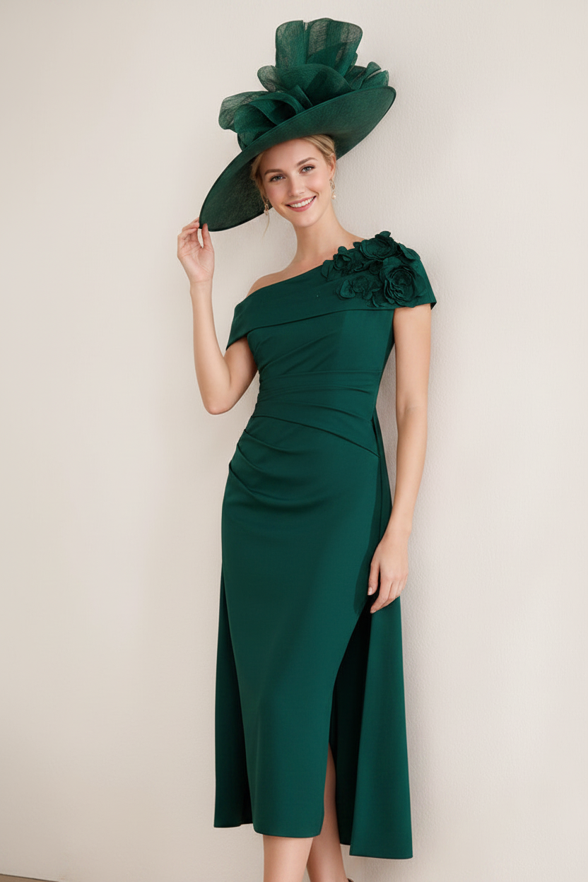 Sheath/Column Off-the-Shoulder Pleated Tea-Length Mother of the Bride Dresses with 3D Flower
