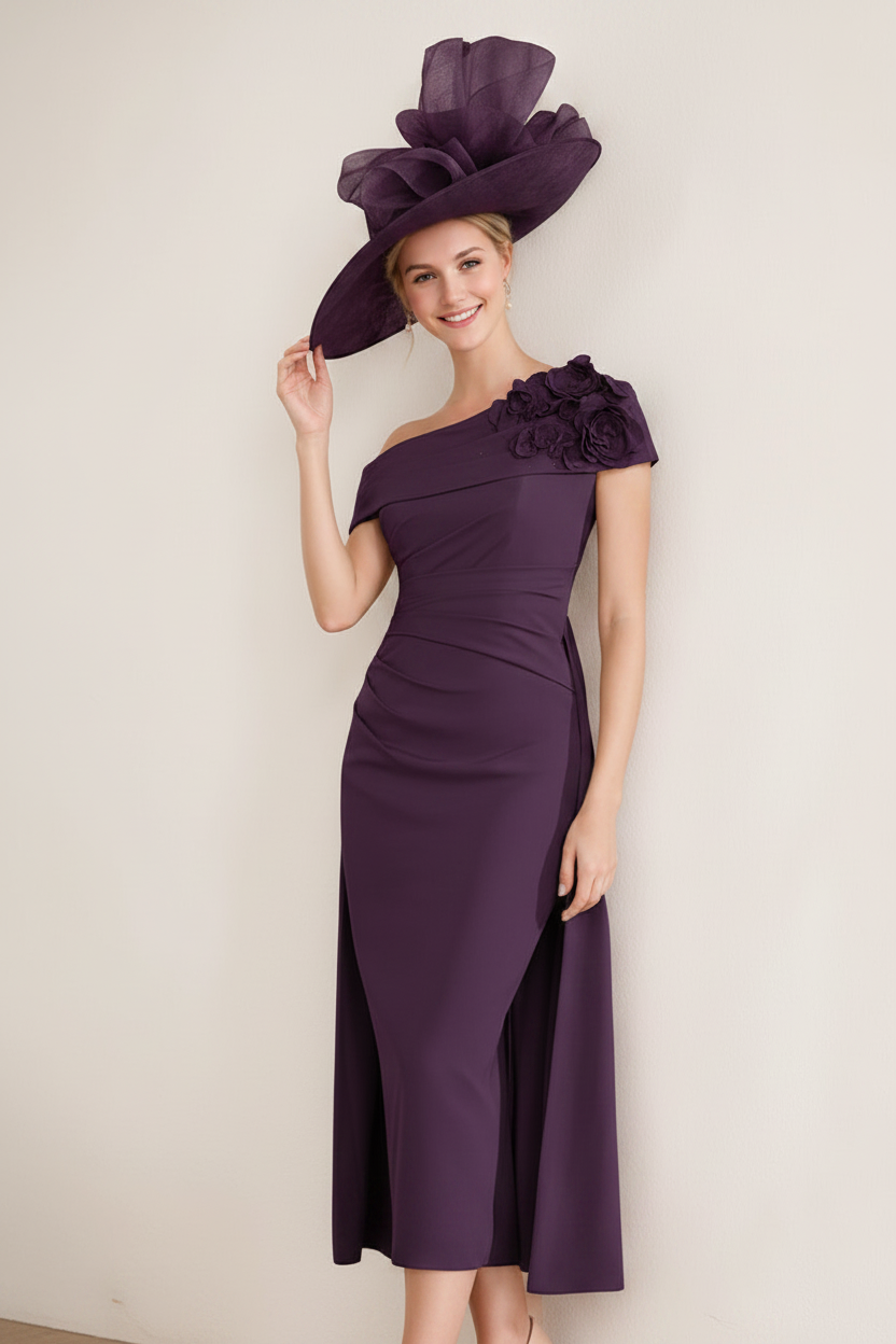 Sheath/Column Off-the-Shoulder Pleated Tea-Length Mother of the Bride Dresses with 3D Flower