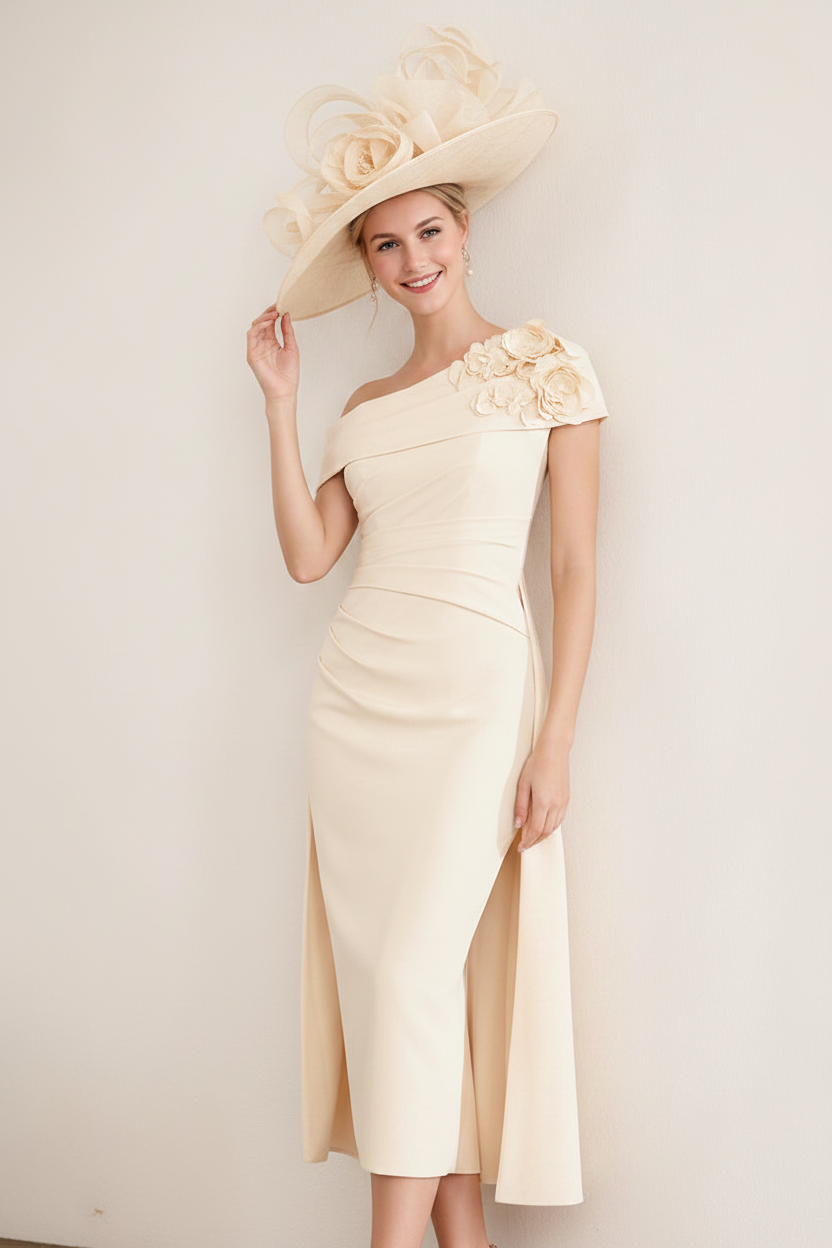 Sheath/Column Off-the-Shoulder Pleated Tea-Length Mother of the Bride Dresses with 3D Flower