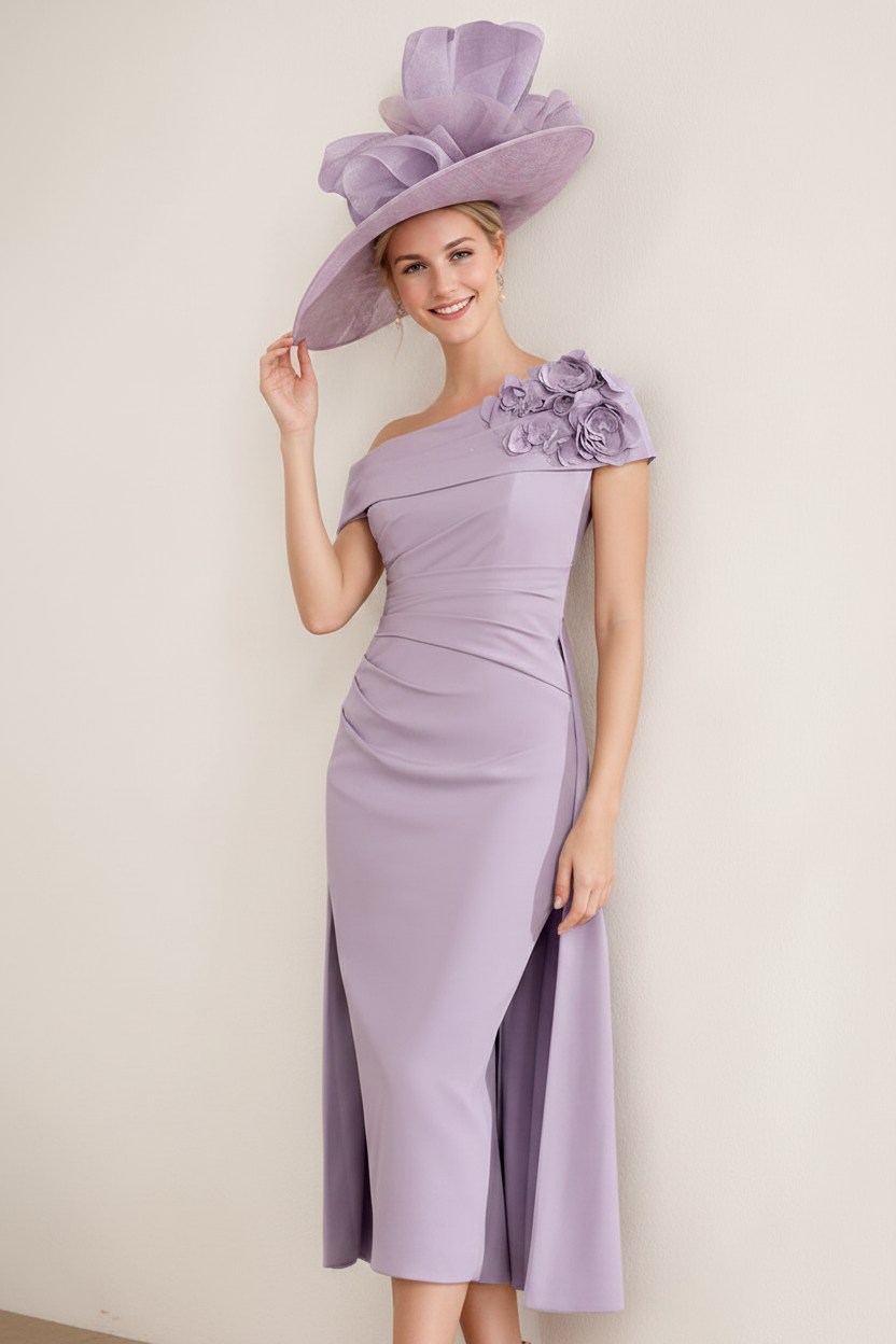 Sheath/Column Off-the-Shoulder Pleated Tea-Length Mother of the Bride Dresses with 3D Flower