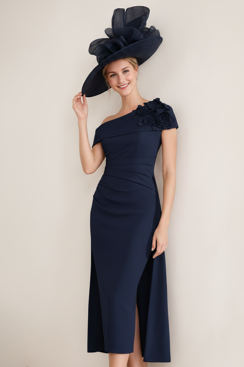 Sheath/Column Off-the-Shoulder Pleated Tea-Length Mother of the Bride Dresses with 3D Flower