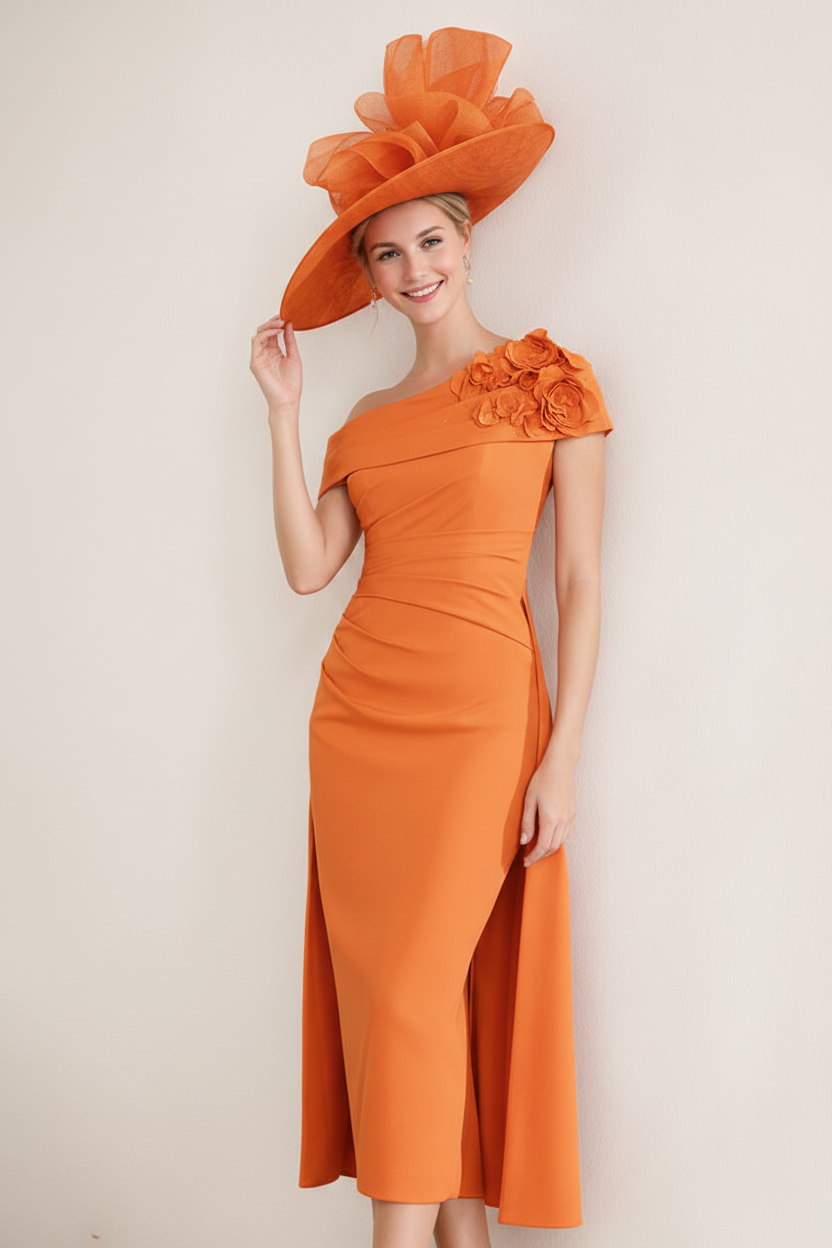 Sheath/Column Off-the-Shoulder Pleated Tea-Length Mother of the Bride Dresses with 3D Flower