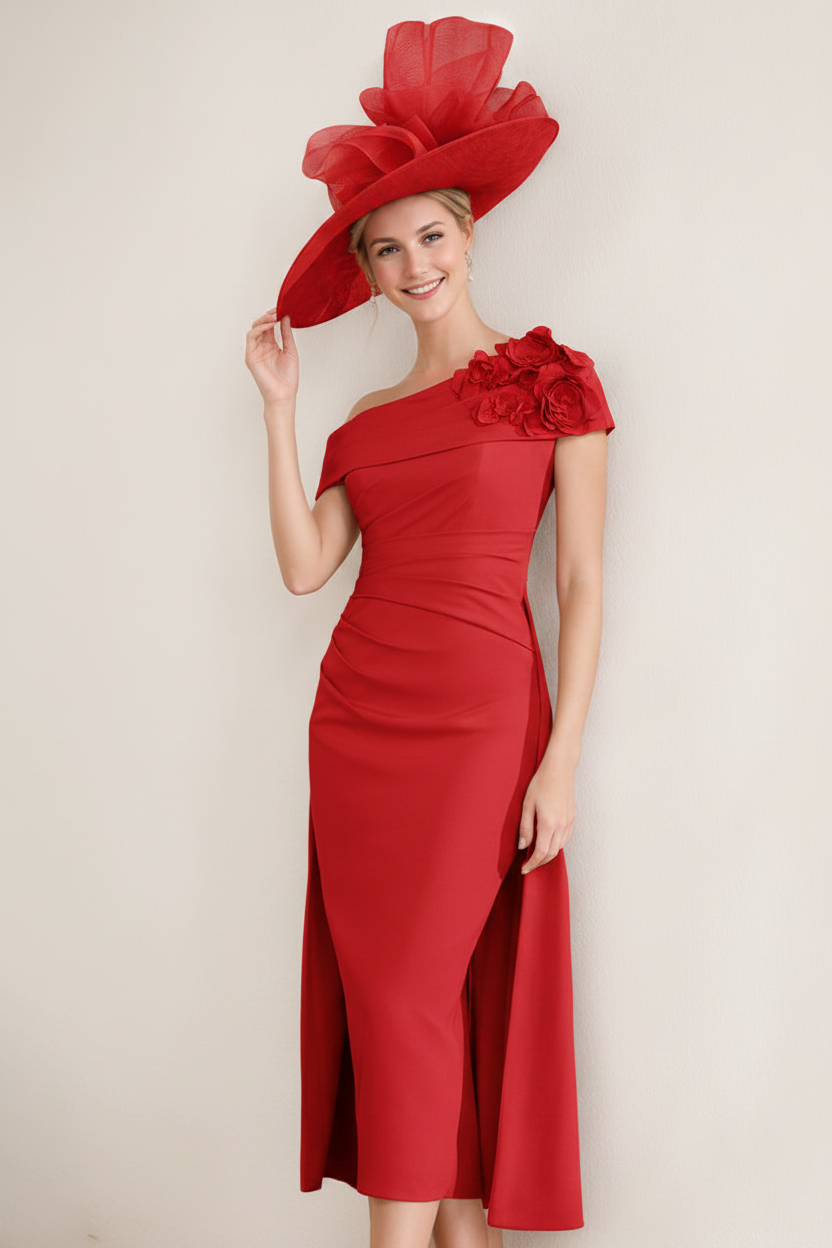 Sheath/Column Off-the-Shoulder Pleated Tea-Length Mother of the Bride Dresses with 3D Flower