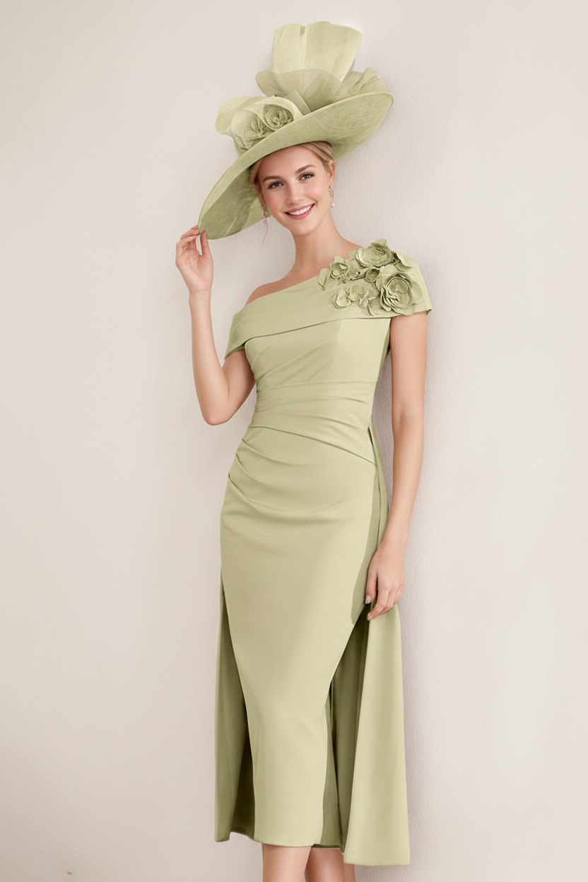 Sheath/Column Off-the-Shoulder Pleated Tea-Length Mother of the Bride Dresses with 3D Flower