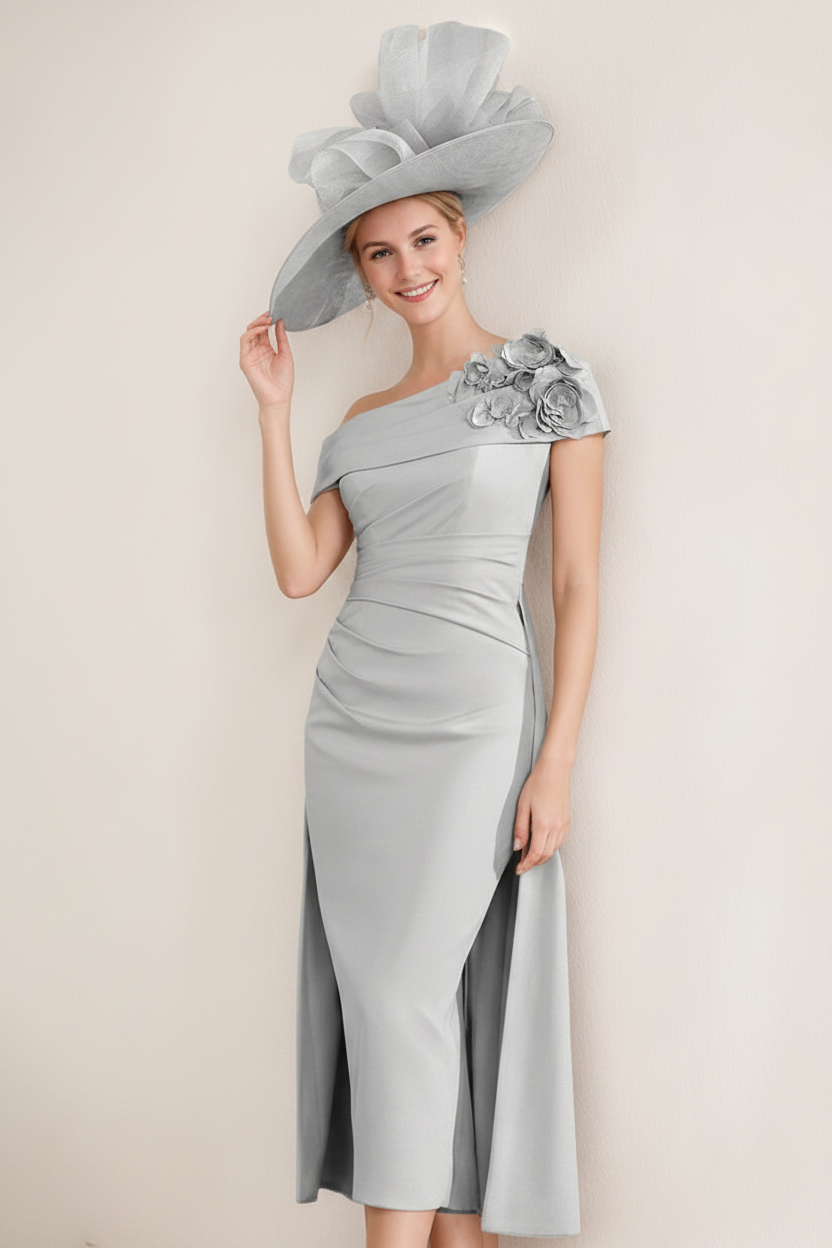 Sheath/Column Off-the-Shoulder Pleated Tea-Length Mother of the Bride Dresses with 3D Flower