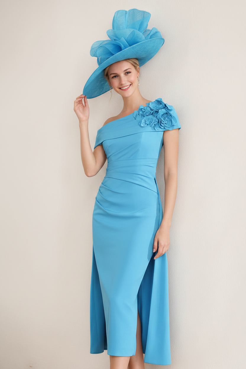 Sheath/Column Off-the-Shoulder Pleated Tea-Length Mother of the Bride Dresses with 3D Flower
