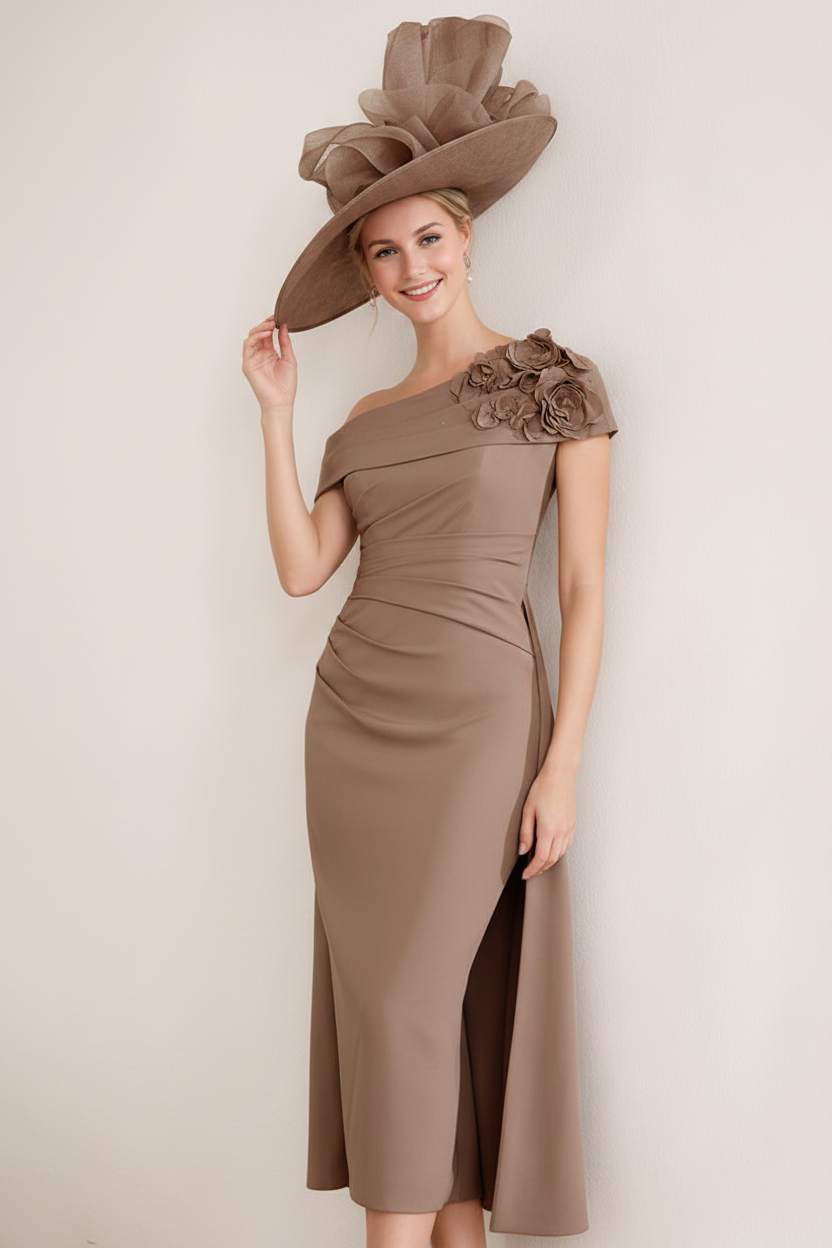 Sheath/Column Off-the-Shoulder Pleated Tea-Length Mother of the Bride Dresses with 3D Flower