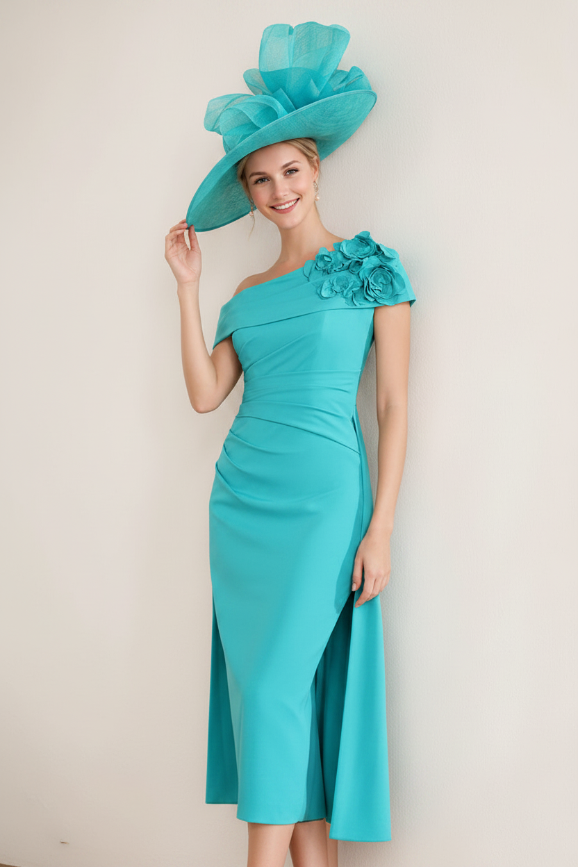 Sheath/Column Off-the-Shoulder Pleated Tea-Length Mother of the Bride Dresses with 3D Flower