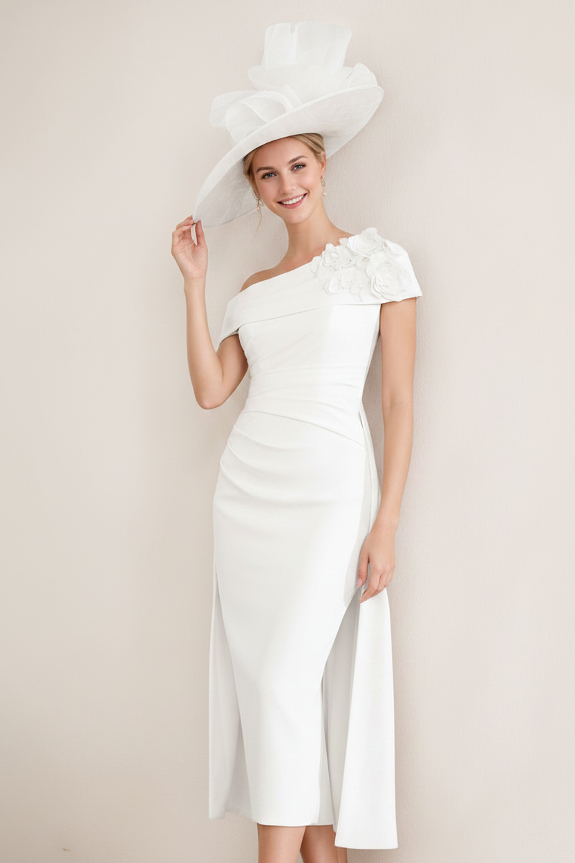 Sheath/Column Off-the-Shoulder Pleated Tea-Length Mother of the Bride Dresses with 3D Flower