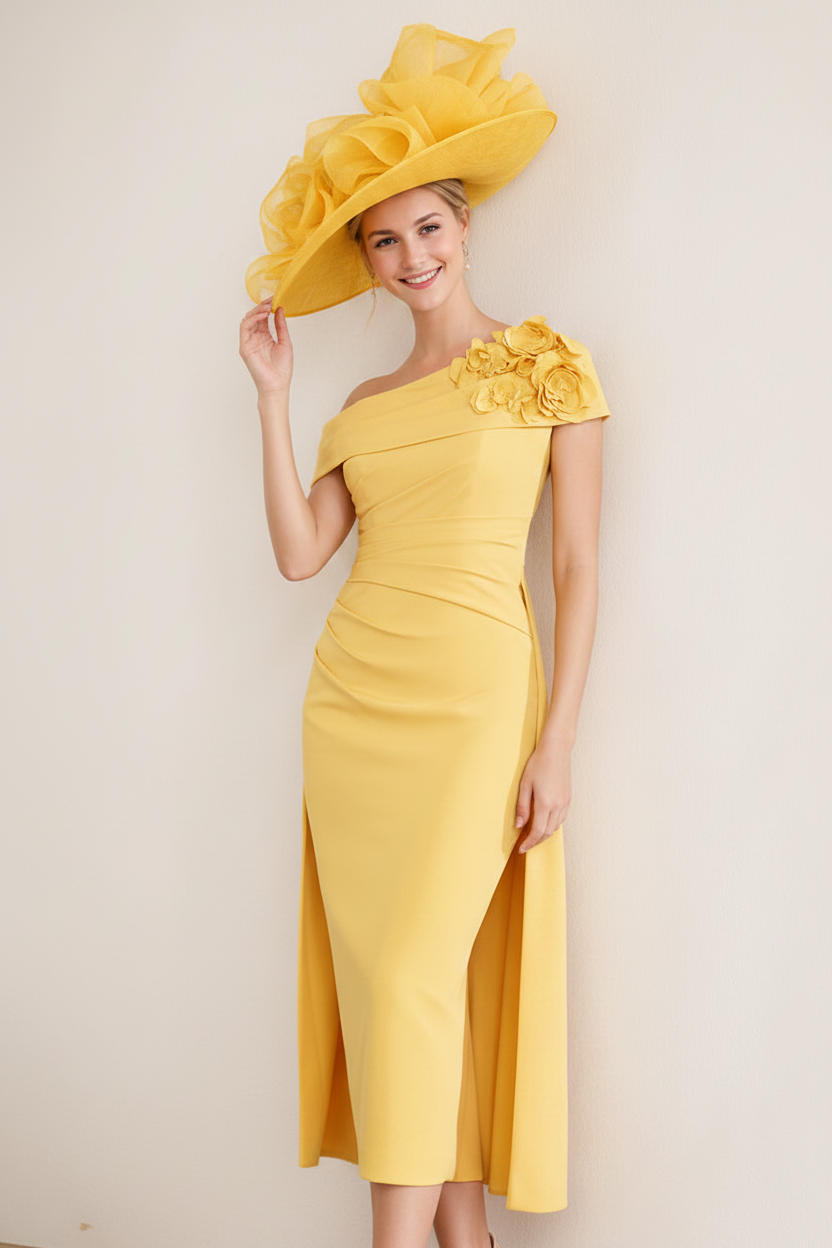 Sheath/Column Off-the-Shoulder Pleated Tea-Length Mother of the Bride Dresses with 3D Flower