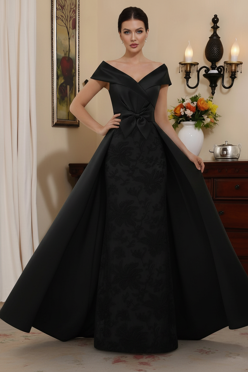 Sheath/Column Off-the-Shoulder Satin Mother of the Bride Dresses with Overskirt Sleeveless Floor-Length Lace Bowknot