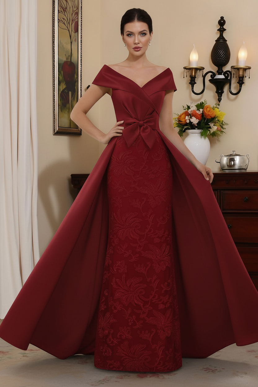 Sheath/Column Off-the-Shoulder Satin Mother of the Bride Dresses with Overskirt Sleeveless Floor-Length Lace Bowknot