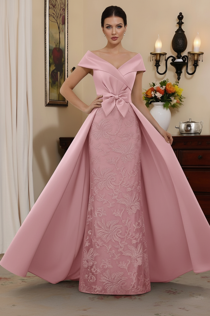 Sheath/Column Off-the-Shoulder Satin Mother of the Bride Dresses with Overskirt Sleeveless Floor-Length Lace Bowknot