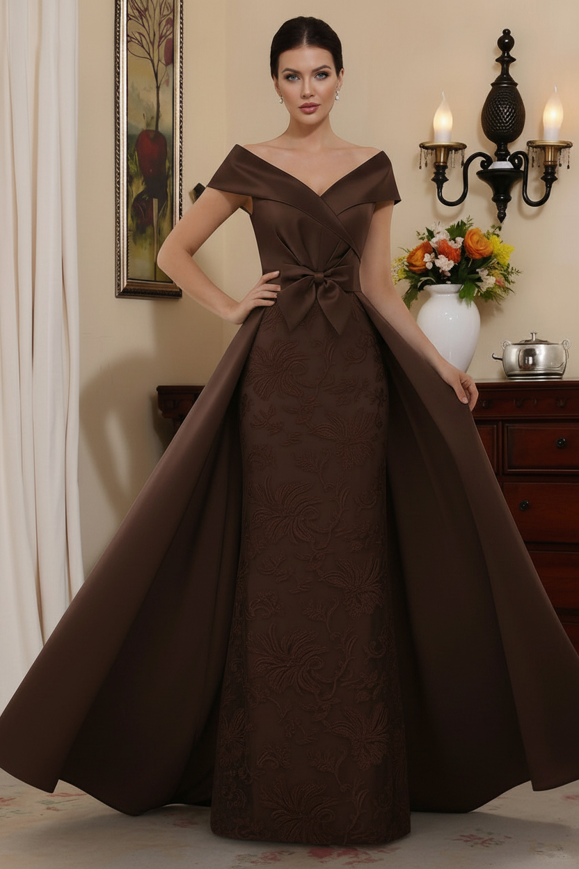 Sheath/Column Off-the-Shoulder Satin Mother of the Bride Dresses with Overskirt Sleeveless Floor-Length Lace Bowknot