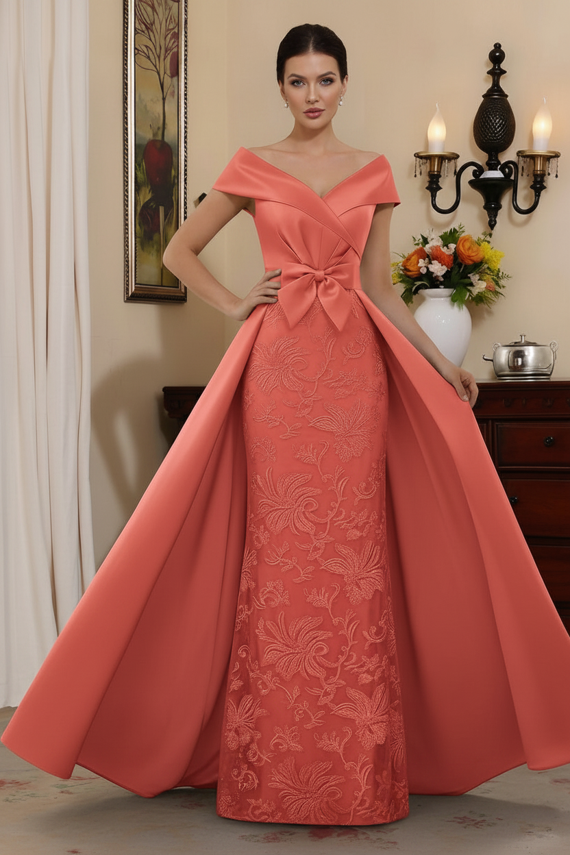 Sheath/Column Off-the-Shoulder Satin Mother of the Bride Dresses with Overskirt Sleeveless Floor-Length Lace Bowknot