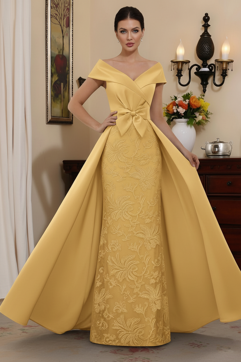 Sheath/Column Off-the-Shoulder Satin Mother of the Bride Dresses with Overskirt Sleeveless Floor-Length Lace Bowknot