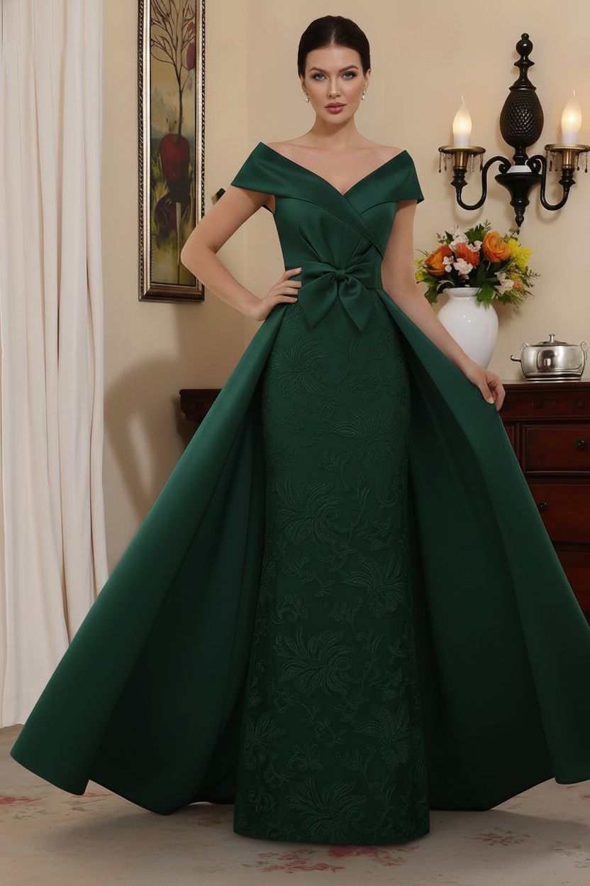 Sheath/Column Off-the-Shoulder Satin Mother of the Bride Dresses with Overskirt Sleeveless Floor-Length Lace Bowknot