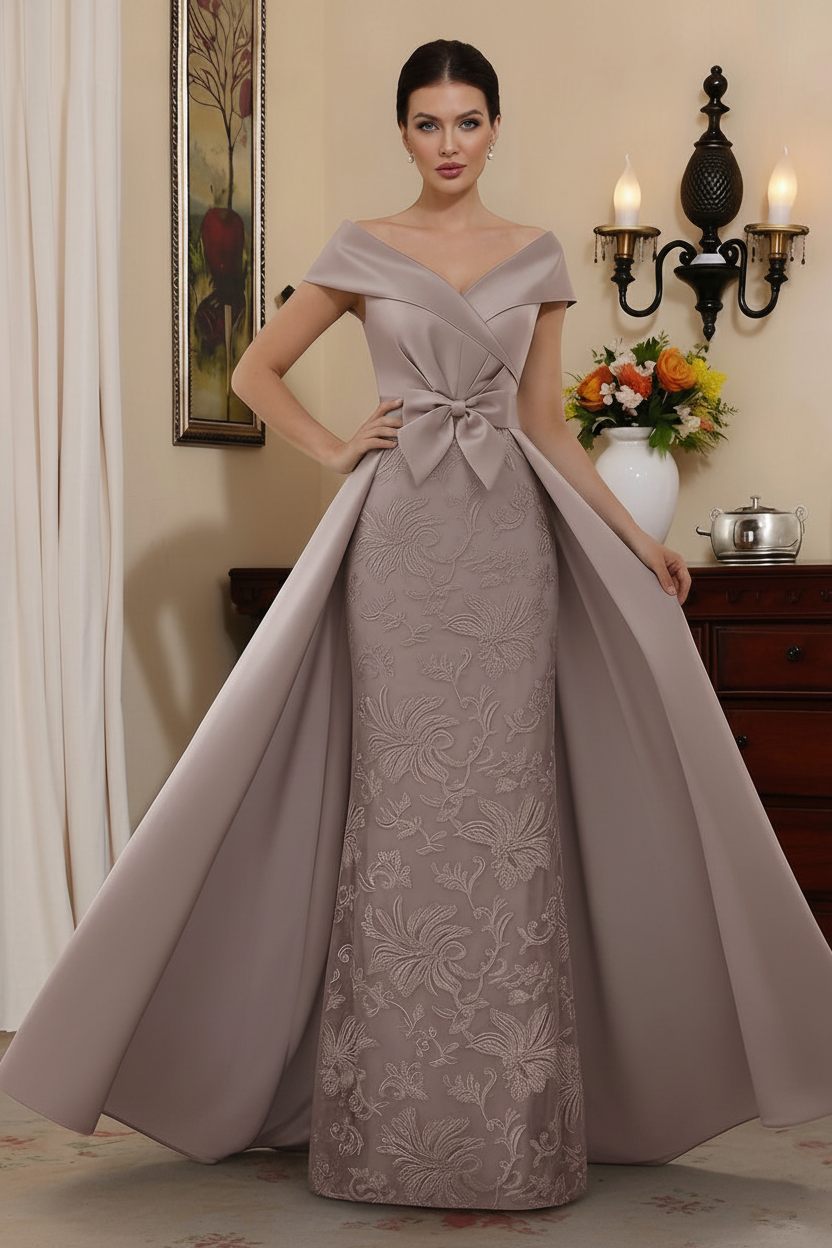 Sheath/Column Off-the-Shoulder Satin Mother of the Bride Dresses with Overskirt Sleeveless Floor-Length Lace Bowknot