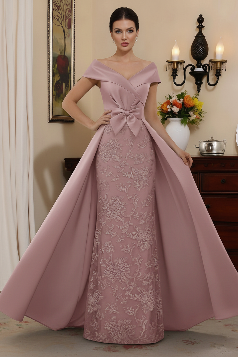 Sheath/Column Off-the-Shoulder Satin Mother of the Bride Dresses with Overskirt Sleeveless Floor-Length Lace Bowknot
