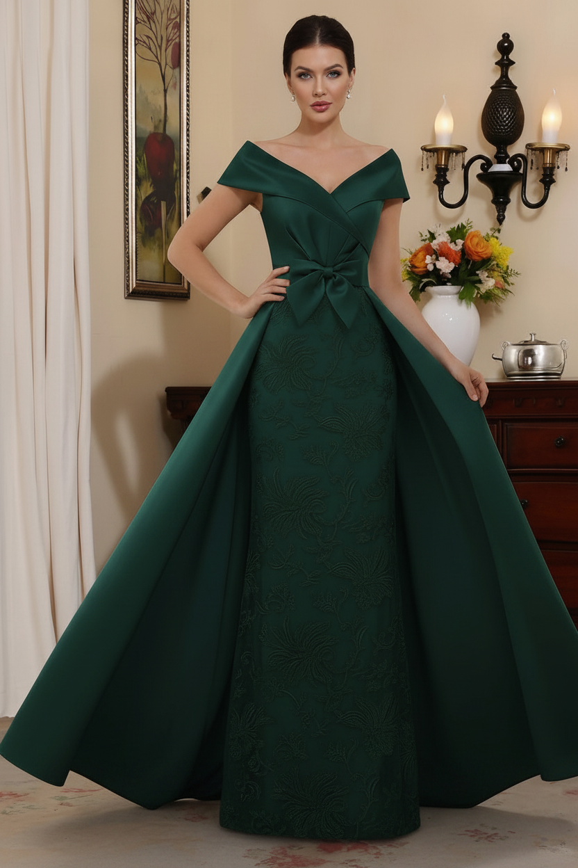 Sheath/Column Off-the-Shoulder Satin Mother of the Bride Dresses with Overskirt Sleeveless Floor-Length Lace Bowknot