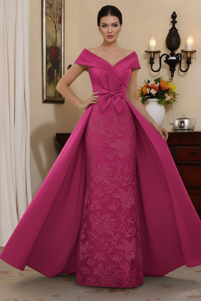 Sheath/Column Off-the-Shoulder Satin Mother of the Bride Dresses with Overskirt Sleeveless Floor-Length Lace Bowknot