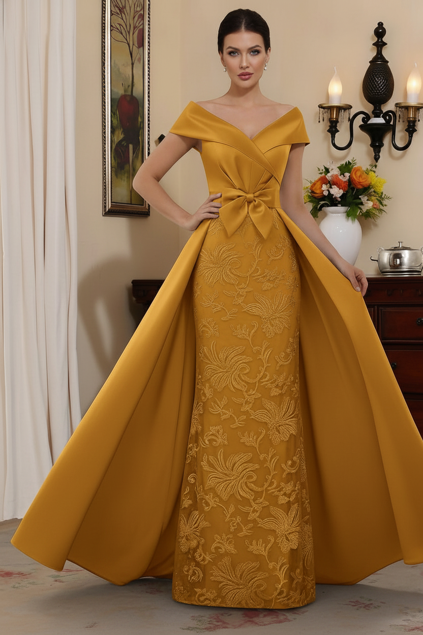 Sheath/Column Off-the-Shoulder Satin Mother of the Bride Dresses with Overskirt Sleeveless Floor-Length Lace Bowknot