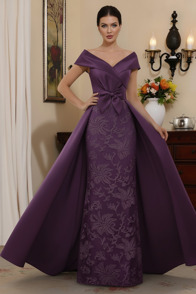 Sheath/Column Off-the-Shoulder Satin Mother of the Bride Dresses with Overskirt Sleeveless Floor-Length Lace Bowknot