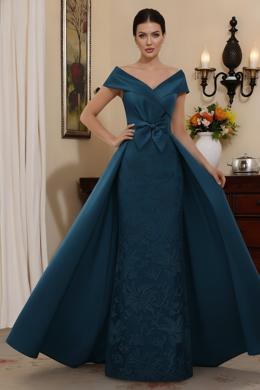 Sheath/Column Off-the-Shoulder Satin Mother of the Bride Dresses with Overskirt Sleeveless Floor-Length Lace Bowknot