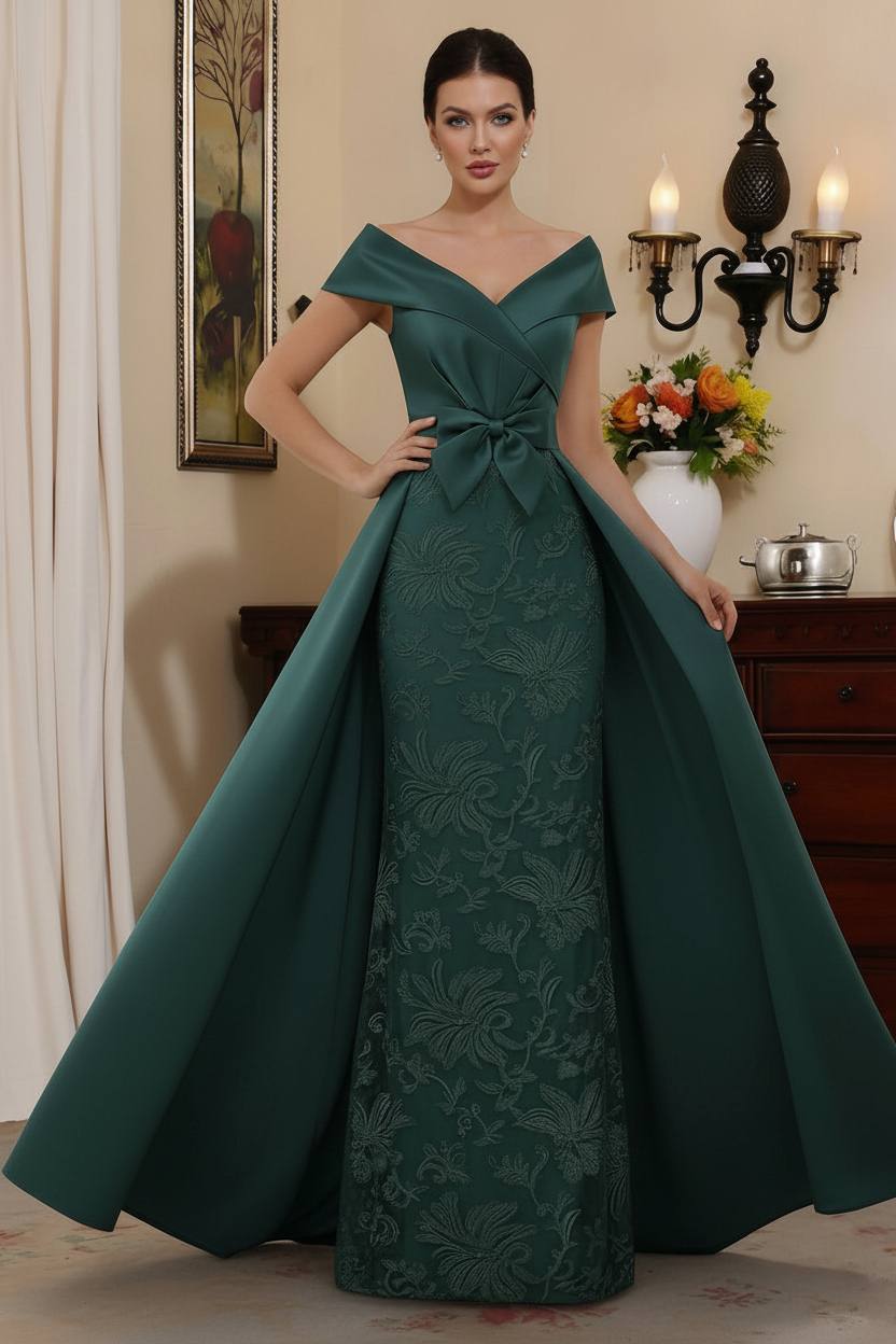 Sheath/Column Off-the-Shoulder Satin Mother of the Bride Dresses with Overskirt Sleeveless Floor-Length Lace Bowknot