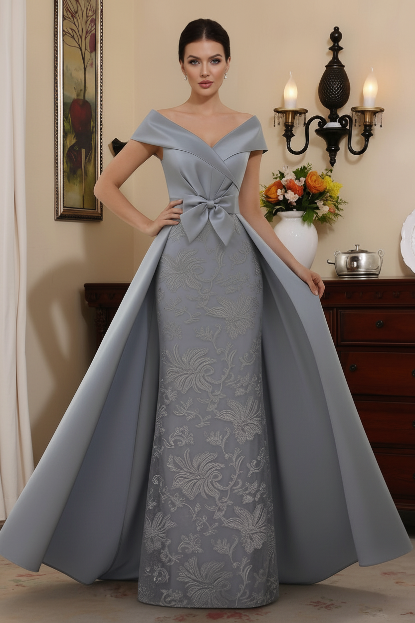 Sheath/Column Off-the-Shoulder Satin Mother of the Bride Dresses with Overskirt Sleeveless Floor-Length Lace Bowknot