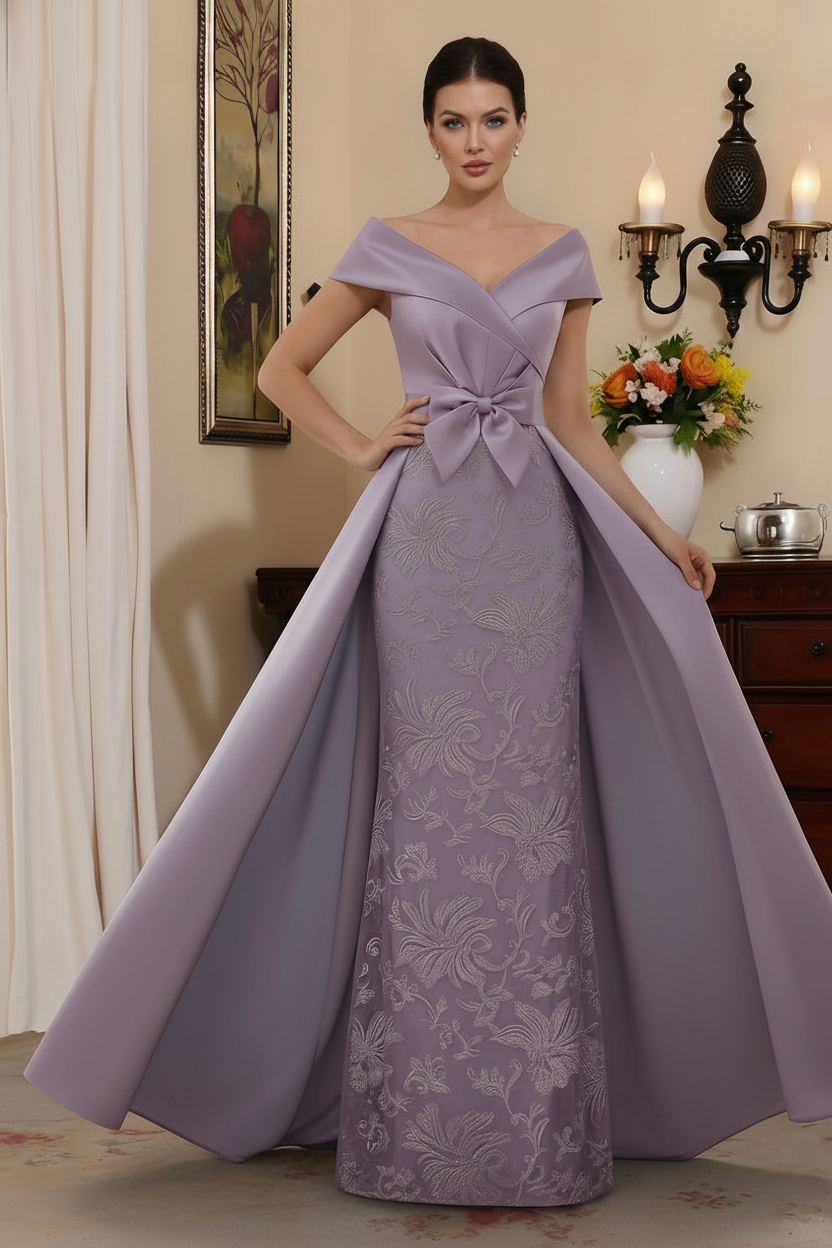 Sheath/Column Off-the-Shoulder Satin Mother of the Bride Dresses with Overskirt Sleeveless Floor-Length Lace Bowknot