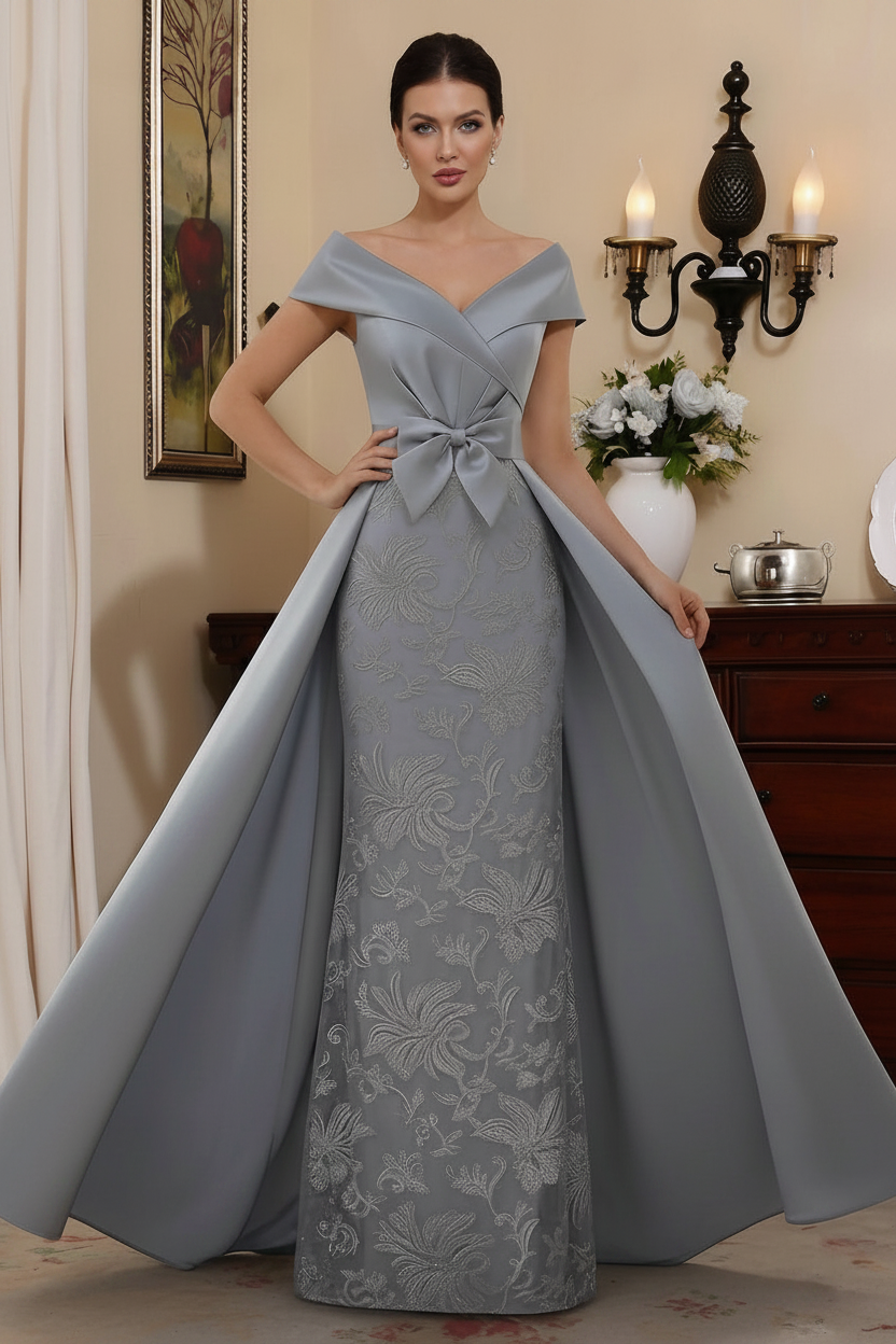 Sheath/Column Off-the-Shoulder Satin Mother of the Bride Dresses with Overskirt Sleeveless Floor-Length Lace Bowknot