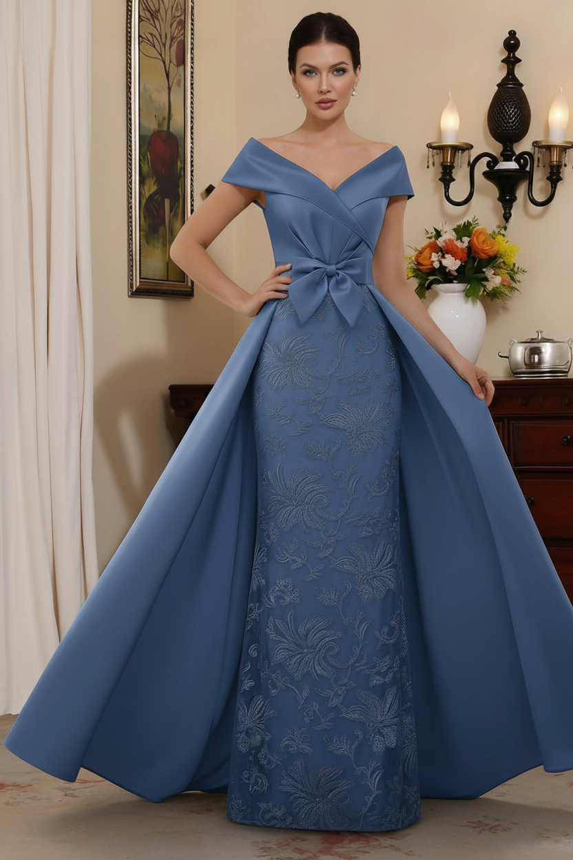 Sheath/Column Off-the-Shoulder Satin Mother of the Bride Dresses with Overskirt Sleeveless Floor-Length Lace Bowknot