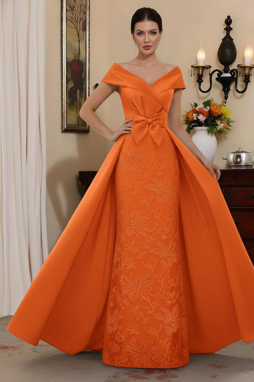 Sheath/Column Off-the-Shoulder Satin Mother of the Bride Dresses with Overskirt Sleeveless Floor-Length Lace Bowknot