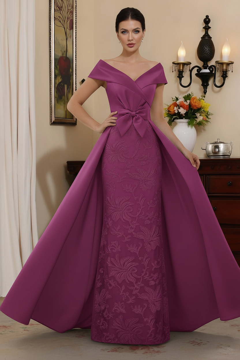 Sheath/Column Off-the-Shoulder Satin Mother of the Bride Dresses with Overskirt Sleeveless Floor-Length Lace Bowknot