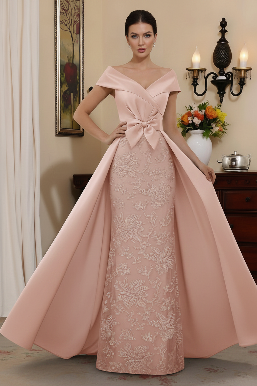 Sheath/Column Off-the-Shoulder Satin Mother of the Bride Dresses with Overskirt Sleeveless Floor-Length Lace Bowknot