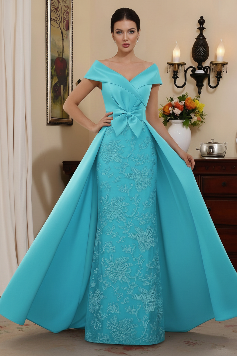 Sheath/Column Off-the-Shoulder Satin Mother of the Bride Dresses with Overskirt Sleeveless Floor-Length Lace Bowknot