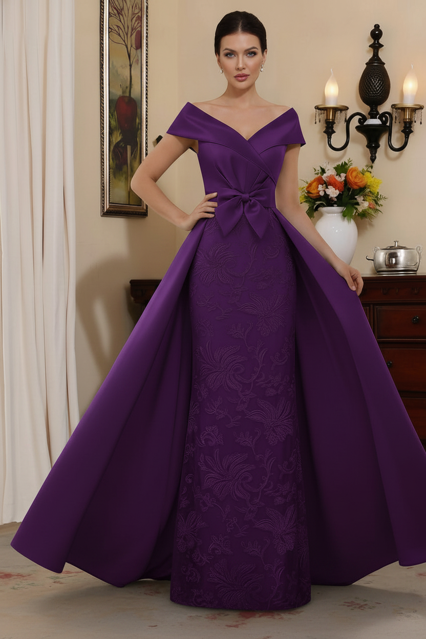 Sheath/Column Off-the-Shoulder Satin Mother of the Bride Dresses with Overskirt Sleeveless Floor-Length Lace Bowknot