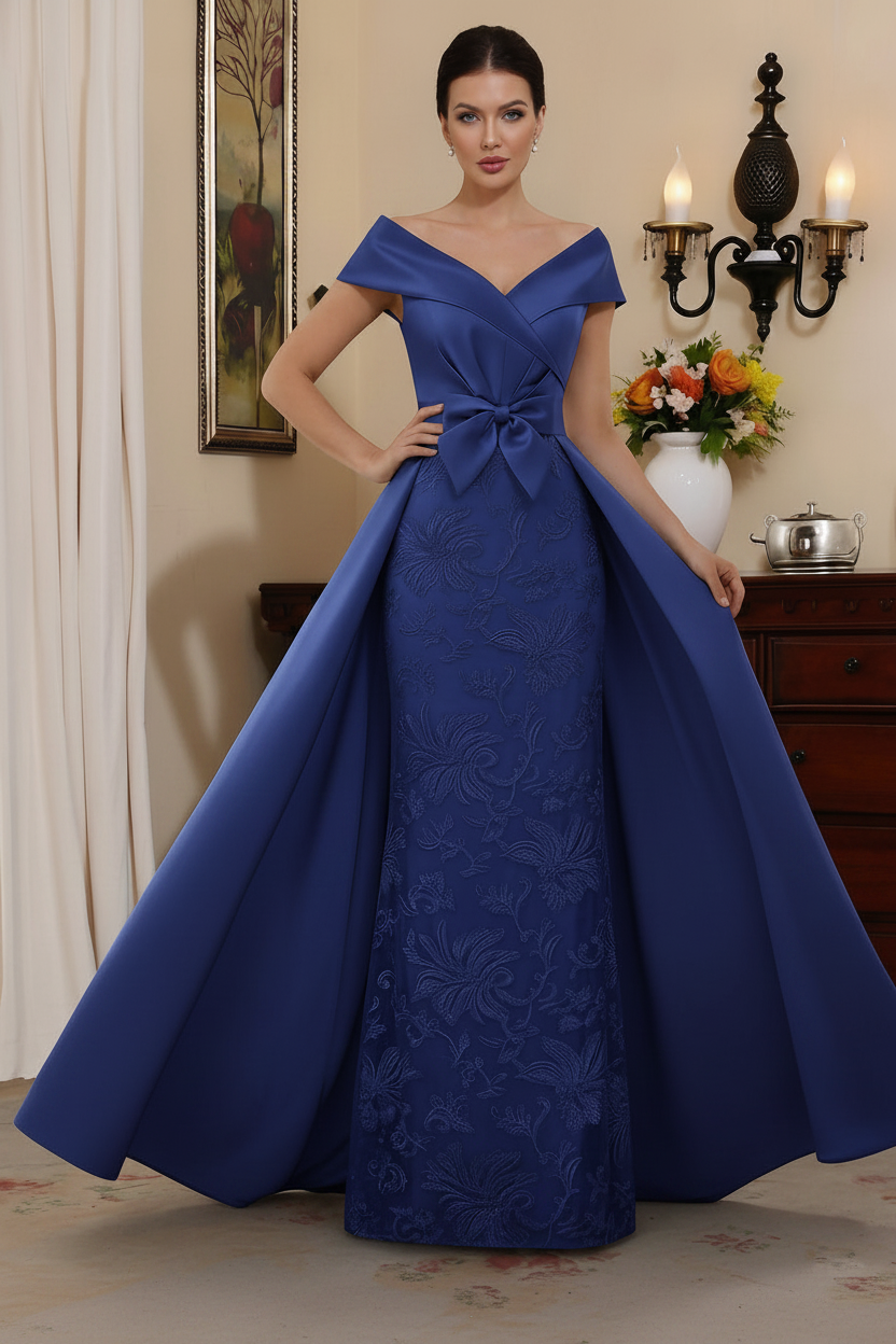 Sheath/Column Off-the-Shoulder Satin Mother of the Bride Dresses with Overskirt Sleeveless Floor-Length Lace Bowknot