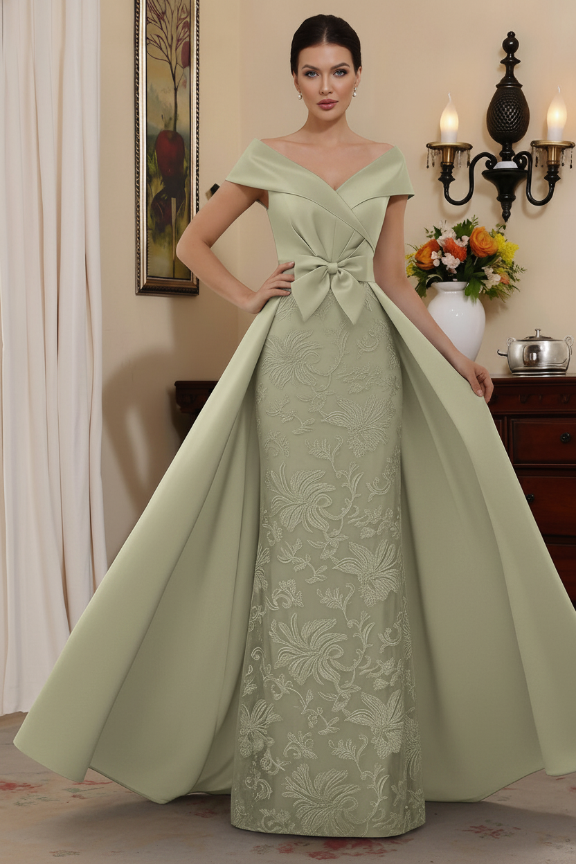 Sheath/Column Off-the-Shoulder Satin Mother of the Bride Dresses with Overskirt Sleeveless Floor-Length Lace Bowknot