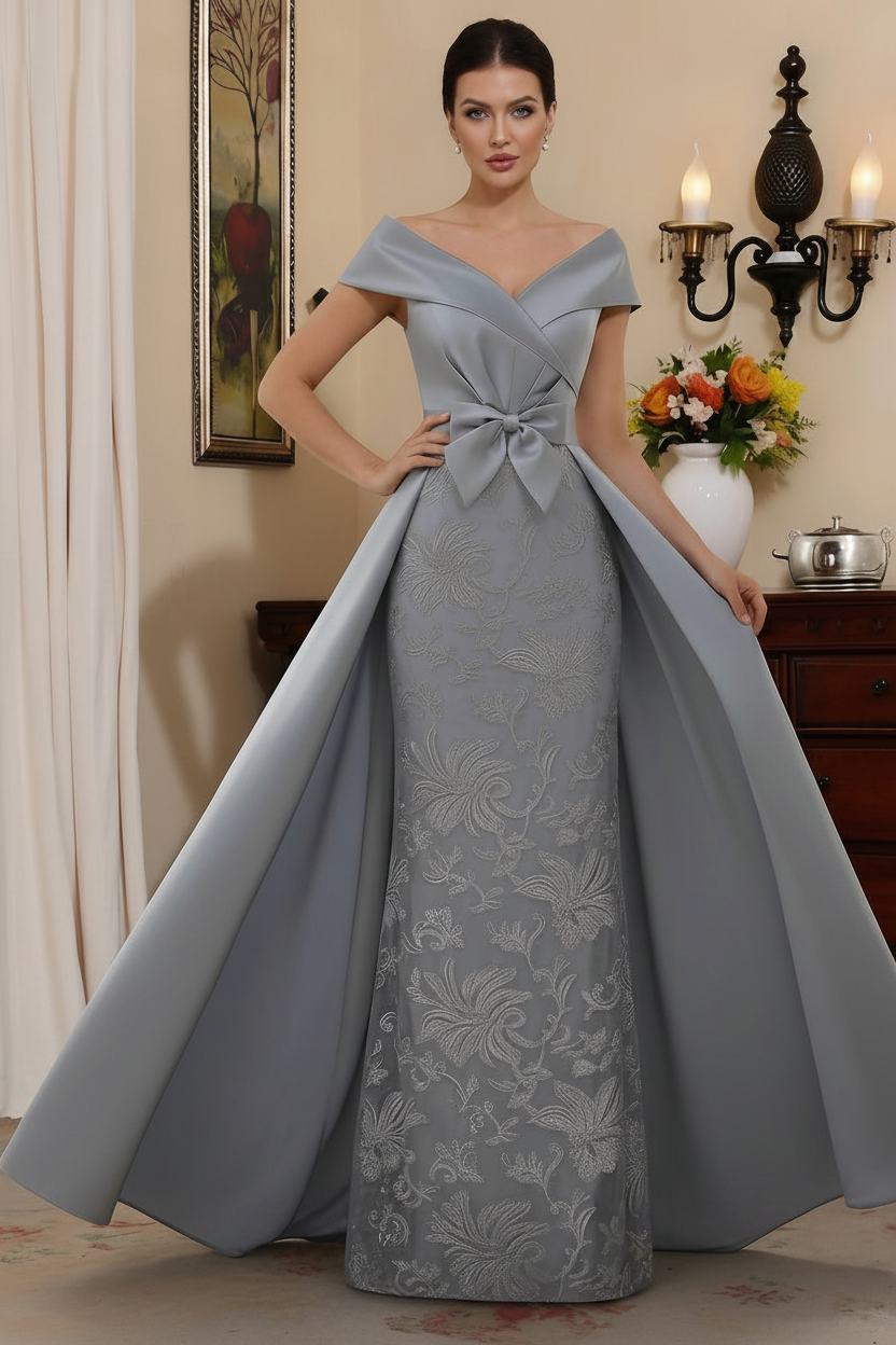 Sheath/Column Off-the-Shoulder Satin Mother of the Bride Dresses with Overskirt Sleeveless Floor-Length Lace Bowknot