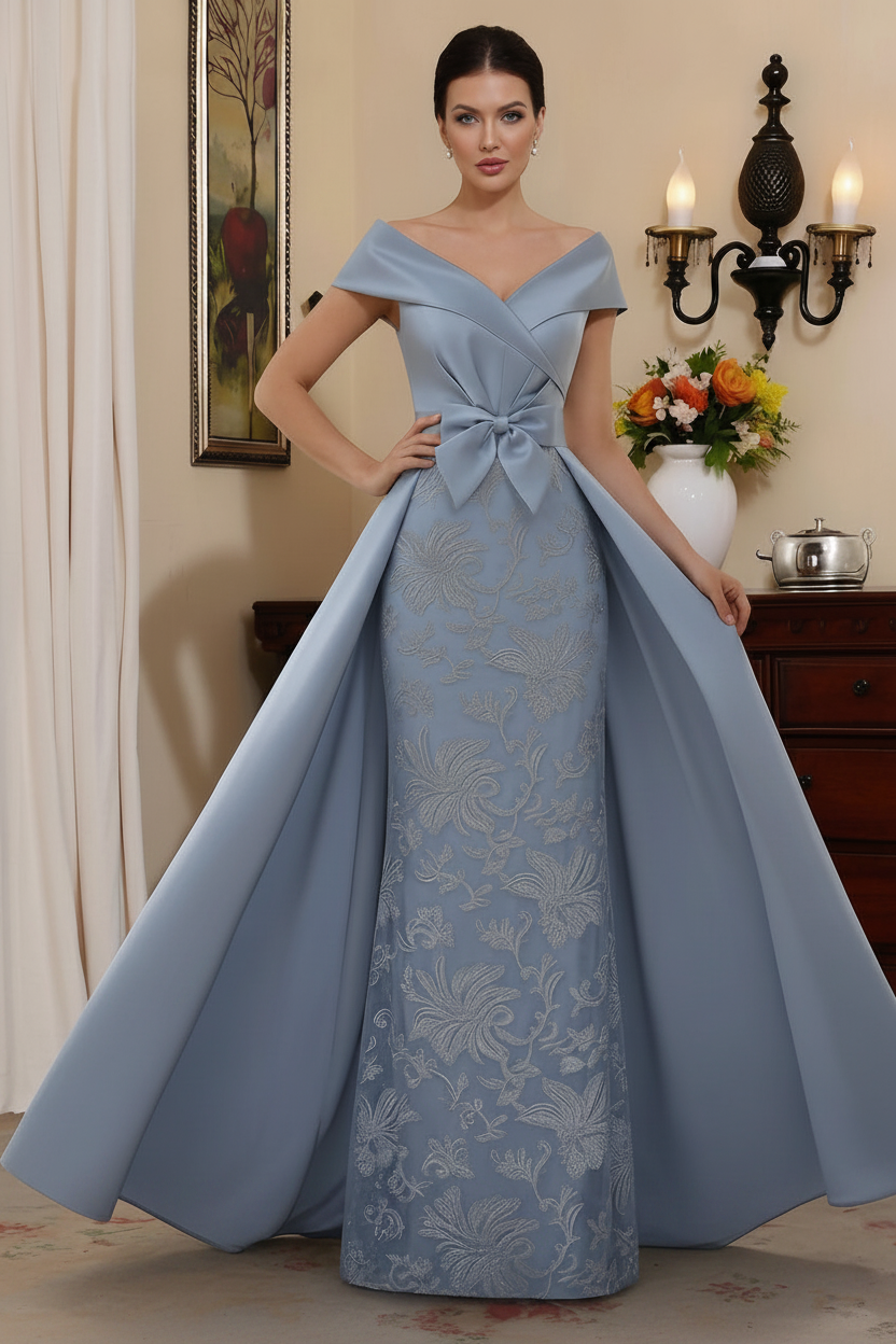 Sheath/Column Off-the-Shoulder Satin Mother of the Bride Dresses with Overskirt Sleeveless Floor-Length Lace Bowknot